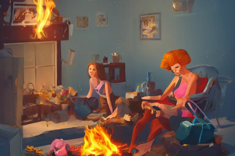 Image similar to a crazy housewife hurries up to pack daughter's things, surrounded with fire, clothes are flying around, digital art, trending on artstation