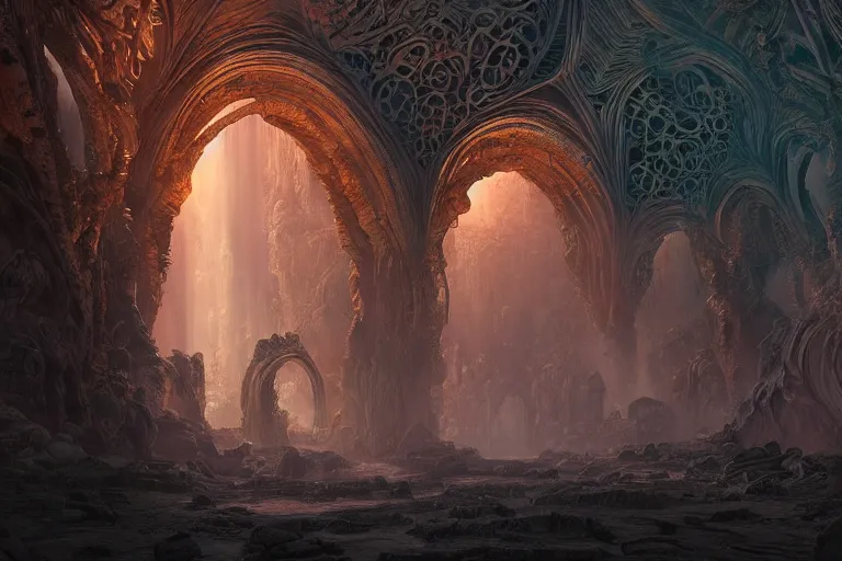 Prompt: beautiful detailed digital matte painting of a massive stone arched glowing magical electric astral portal, carved vine-wrapped temple ruins, by Raphael LaCoste and Anato FinnStark and Robert Hubert and Justin Gerard, epic architecture, diffusive magic, carved stone, intricate detail, gothic, romanesque, futuristic, dark rainbow