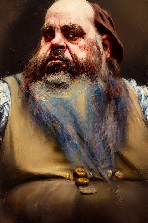 Image similar to soft colorsphotograph imax and solomon joseph solomon and richard schmid and jeremy lipking victorian loose genre loose painting full length portrait painting of grumpy the dwarf disney