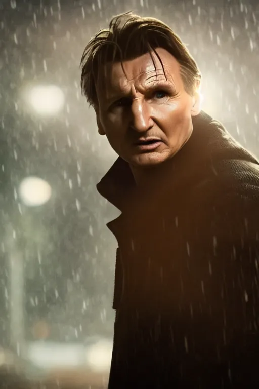 Image similar to cinematic of liam neeson as peter parker in spiderman, dramatic rain, 8 k, moody lighting