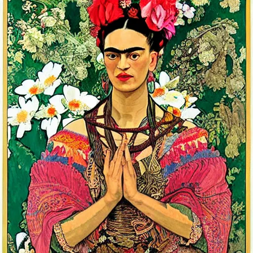 Image similar to frida kahlo dressed like an aztec empress surrounded by flowers, poster by alphons mucha