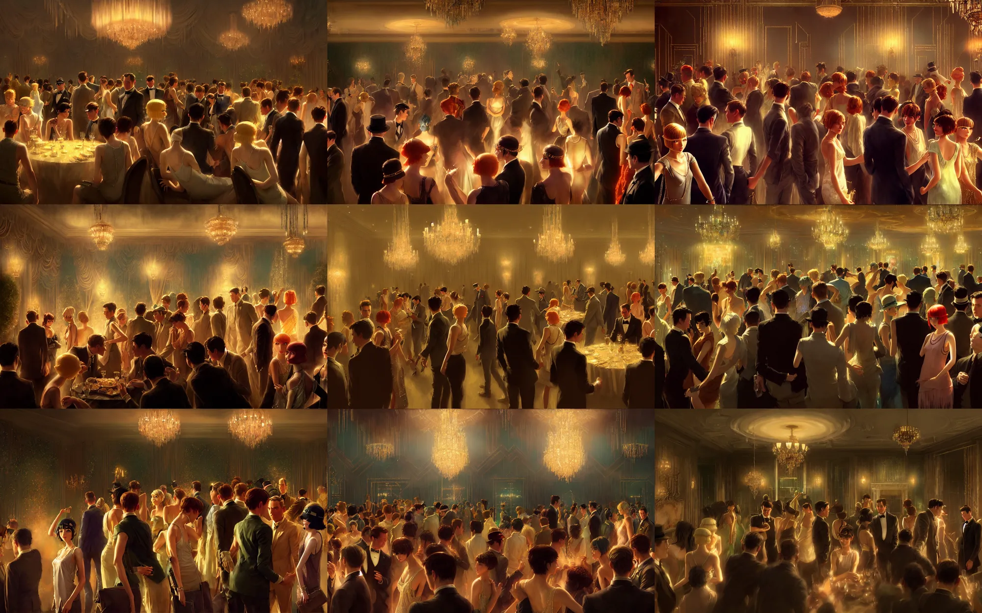 Prompt: craig mullins and ghibli and james gurney detailed digital painting of a party in a beautiful mansion, great gatsby, many partygoers, strong contrast, unreal engine, hyper realism, realistic shading, cinematic composition, realistic render, octane render, detailed textures, photorealistic, very wide shot, 3 5 mm film