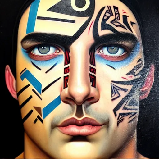 Image similar to ultra realistic portrait painting of a perfect handsome man blue eyes black hair stubble tribal tattoo, painted by Tristan Eaton Stanley Artgerm and Tom Bagshaw