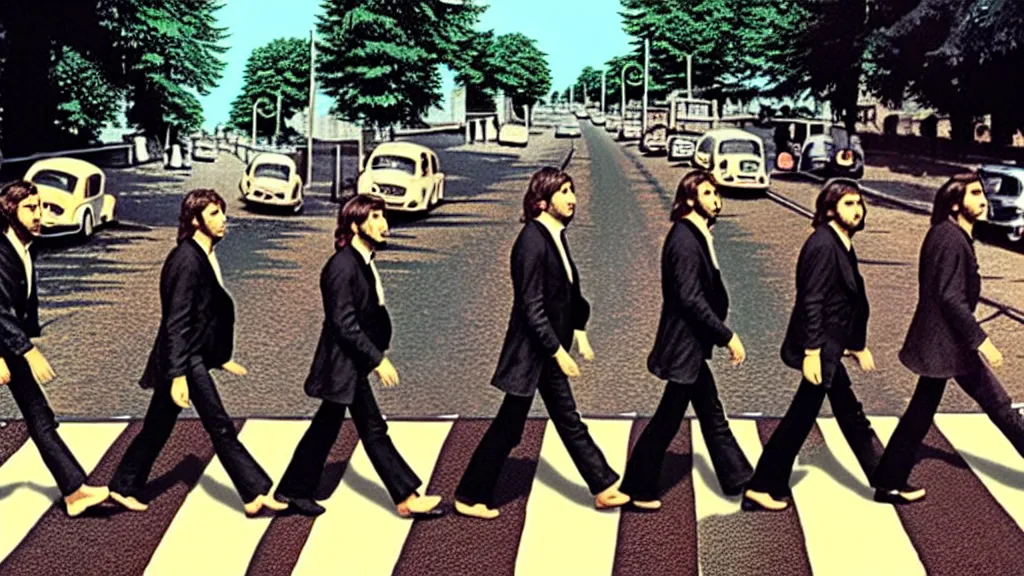 Image similar to The Beatles!! made of Honey!! on abbey road, film still from the movie directed by Denis Villeneuve, wide lens