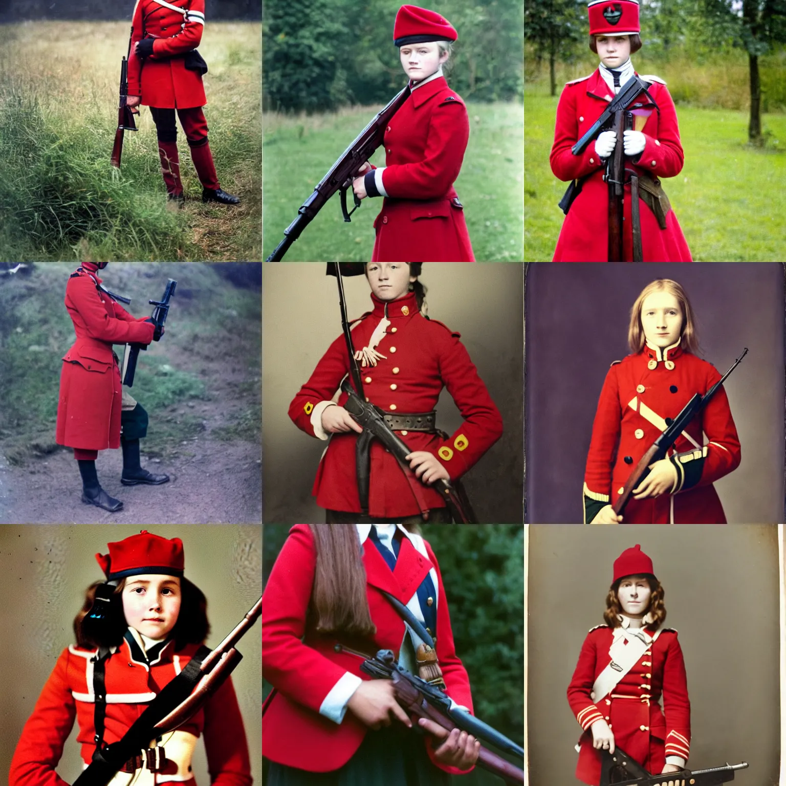 Prompt: A high quality colour photo of a teenage female British Redcoat soldier, holding a rifle