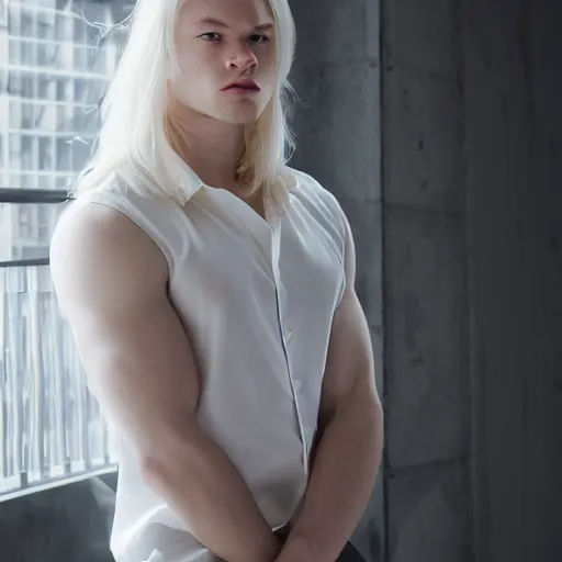 Image similar to portrait of the male model Lucius Bjornsson with beautiful long pale blond hair, albino white pale skin, posing for a photoshoot in the golden hour, white dress shirt and black miniskirt, broad shoulders and huge thick arms, ambient lighting, 4k, anime key visual, lois van baarle, ilya kuvshinov, rossdraws, artstation