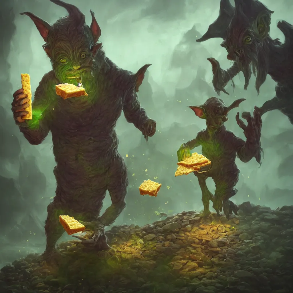 Image similar to Photorealistic fantasy painting of one single D&D goblin holding swiss cheese. Ominous green mist in the background. Magical occult photorealism, UHD, amazing depth, glowing, golden ratio, 3D octane cycle unreal engine 5, volumetric lighting, cinematic lighting, cgstation artstation concept art