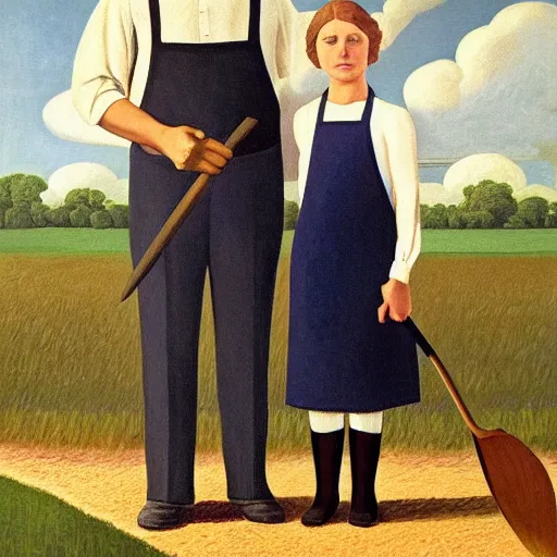 Image similar to an oil painting of a farmer standing beside his daughter in front of a white house. The woman wears a colonial print apron. The man wears overalls covered by a dark suit jacket and he carries a pitchfork. By Grant Wood, 1930.