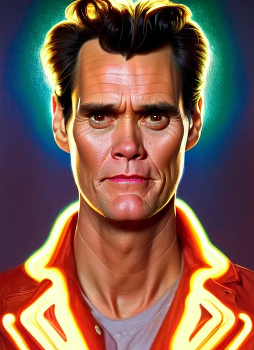 Image similar to symmetry!! portrait of ace ventura jim carrey, chemisty, sci - fi, glowing lights!! intricate, elegant, highly detailed, digital painting, artstation, concept art, smooth, sharp focus, illustration, art by artgerm and greg rutkowski and alphonse mucha, 8 k