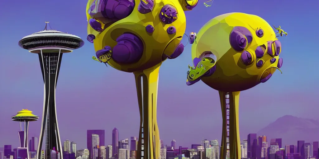 Image similar to cute purple and yellow cartoon monsters at the Seattle space needle by Goro Fujita and Simon Stalenhag , 8k, trending on artstation, hyper detailed, cinematic