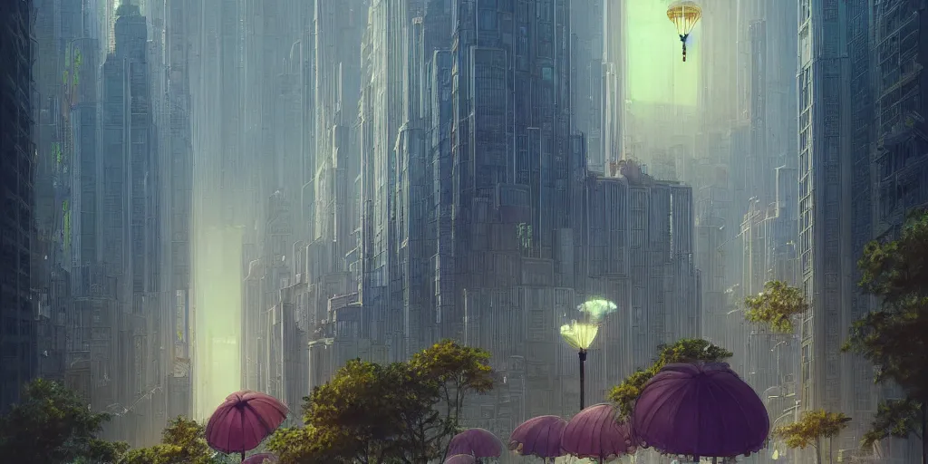 Prompt: art deco 1 9 2 0 floating illuminating parasol metropolis optimistic colorful sunny clear day parks trees flowers clear focus [ [ minimalist brutalist skyscrapers ] ] [ art deco motifs ] cinematic lighting fantasy by ross tran greg rutkowski elegant retro futuristic highly detailed artstation