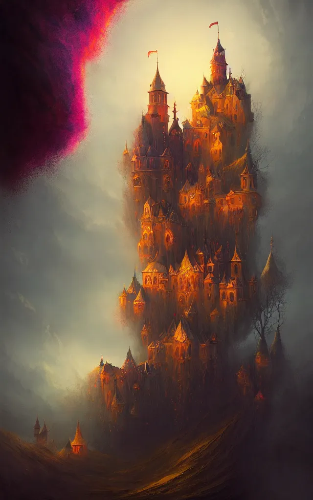 Prompt: a beautiful dark vintage abstract castle by Raja Ravi Varma and Gediminas Pranckevicius, trending on ArtStation, by Sam Spratt, explosion of colors, white spirit