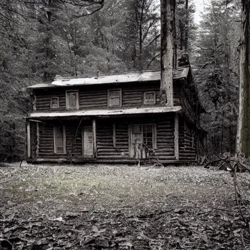 Image similar to a photo of a Eerie cabin in the middle of the woods in the style of 1980s found footage