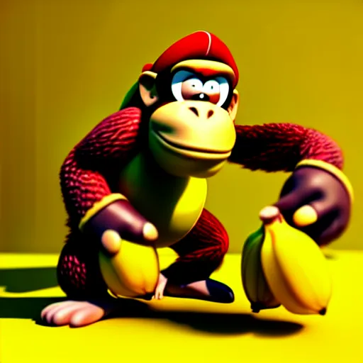 Image similar to Donkey Kong. A banana on the ground, Donkey Kong is standing on the banana. 3D render