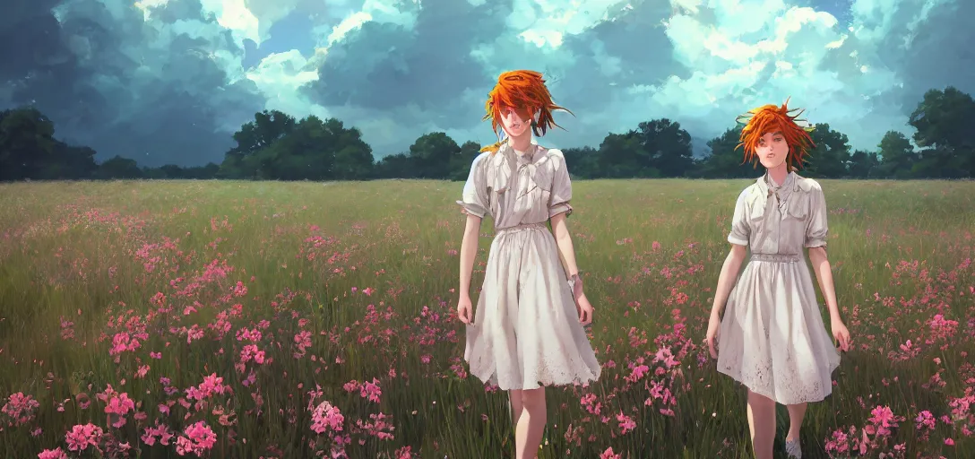 Image similar to a beautiful southern woman named Savannah, innocent, somber turquoise eyes, freckles, long ginger hair tied with white ribbon, relaxed in a field of flowers on a farm, gentle lighting, storm in the distance, western clothing, dress, digital art by Makoto Shinkai ilya kuvshinov and Wojtek Fus, digital art, concept art,