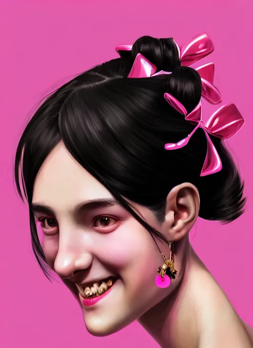 Image similar to portrait of high school girl, realistic, black hair, bangs, half updo hairstyle, pointy nose, skinny, smile, ugly, defined jawline, big chin, pink hair bow, earrings, intricate, elegant, glowing lights, highly detailed, digital painting, artstation, sharp focus, illustration, art by wlop, mars ravelo and greg rutkowski