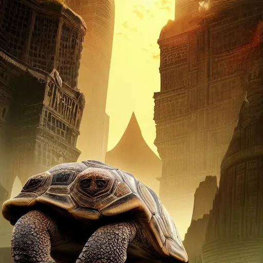 Prompt: Large Fantasy City perched atop a Giant tortoise stomping through the hot sunny desert, High detail, Dungeons and Dragons, Focus on giant tortoise, 4k