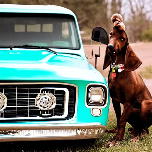 Image similar to A folkpunk brown hound dog playing the banjo in front of a pickup truck