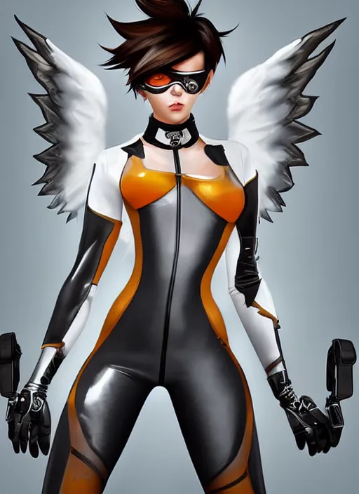 Prompt: portrait digital artwork of tracer overwatch, wearing white latex and leather straps catsuit outfit, in style of mark arian, angel wings, dramatic painting, wearing detailed leather collar, chains, black harness, detailed face and eyes,