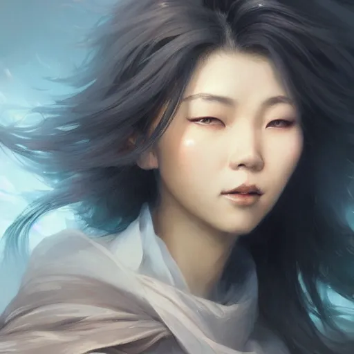 Prompt: asian female wind elemental, lifelike, portrait, highly detailed, digital painting, artstation, concept art, sharp focus, illustration, cinematic lighting, art by artgerm and greg rutkowski and alphonse mucha