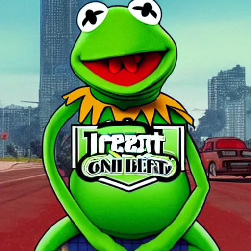 Prompt: Kermit The Frog on a GTA cover art