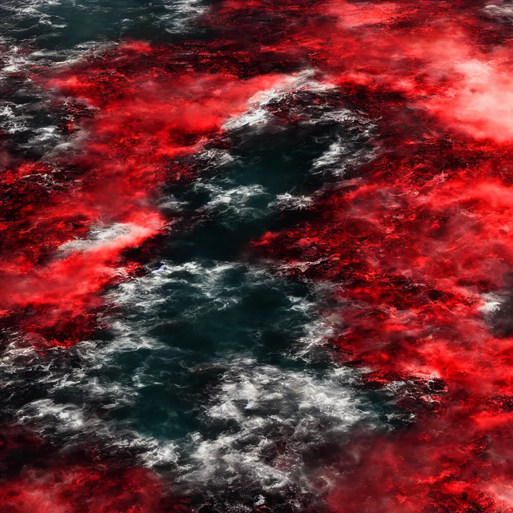 Image similar to a churning, boiling red sea with lots of smoky black and red steam, fantasy digital art, octane render, beautiful composition, gridless DND map, masterpiece