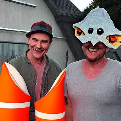 Image similar to ripped physique winged man Norm MacDonald disguised as a mothra whilst wearing a traffic cone hat darick robertson