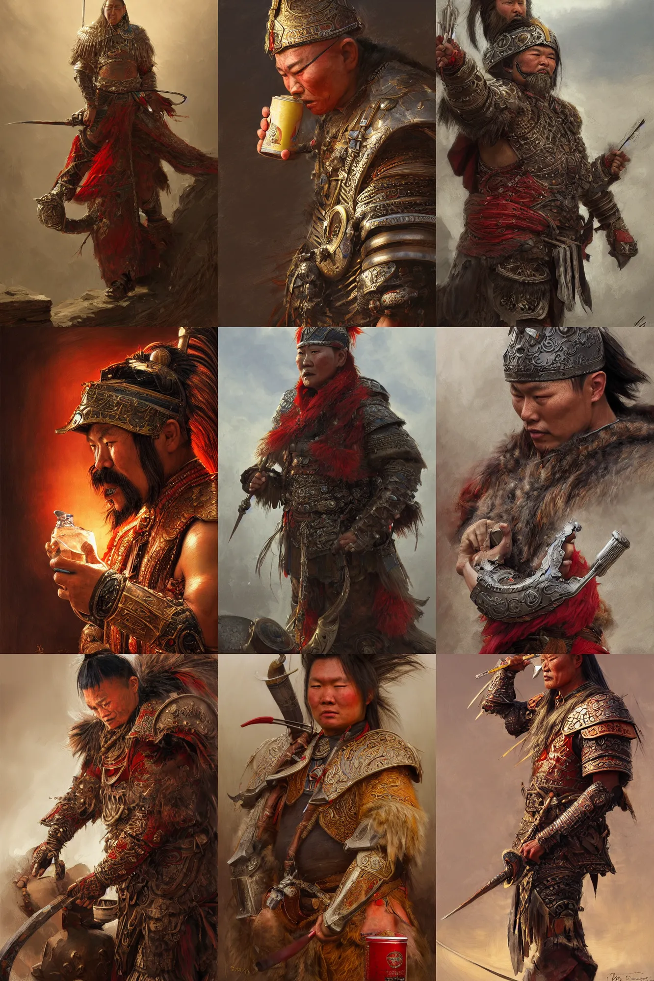 Prompt: a mongolian warrior drinking a red can, ultra realistic illustration, intricate, highly detailed, digital painting, artstation, radiant lightconcept art, smooth, sharp focus, by gaston bussiere, bayard wu, giger, maxim verehin