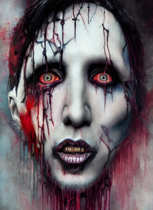 Prompt: marilyn manson painting, highly detailed, demonic eyes, cinematic, 8 k, by stanley artgerm, tom bagshaw, greg rutkowski, carne griffiths, ayami kojima, beksinski, trending on deviantart, hyper - detailed, horror, full of color,