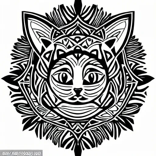 Prompt: tattoo sketch of a cat hugging the sun, on a canva, polynesian style, ornamental, line art, vector,