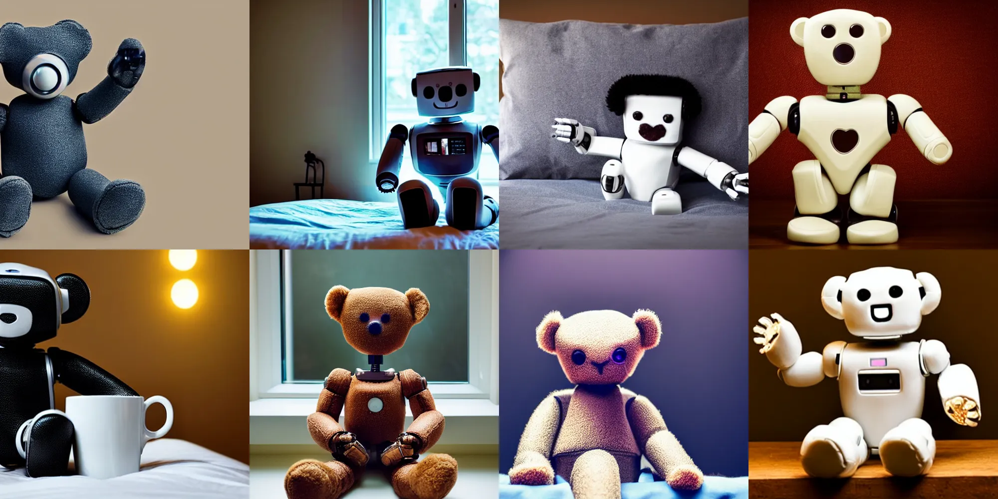 Prompt: a robot teddy bear made of rubber sitting on the bed at night drinking black coffee, looking out into space