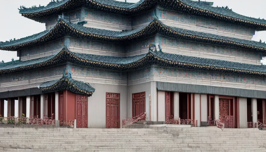 Image similar to 2010s movie still of empty north-korean royal restaurant palace, Leica SL2 50mm, high quality, higly detailed