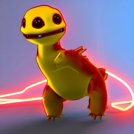 Image similar to cybertronic metallic Charmander, neon, glowing, unreal engine