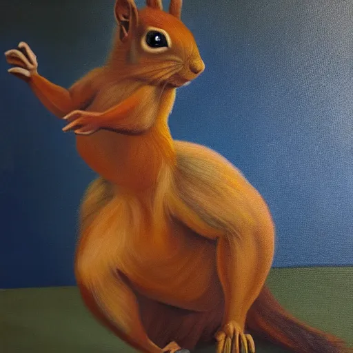 Image similar to oil painting of a muscular!!!! squirrel with bulging!! human!! biceps!!!!, 8 k, high quality