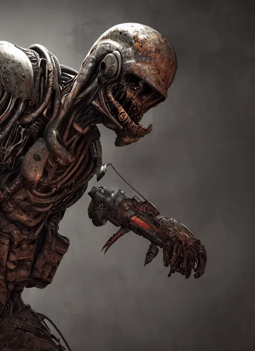 Image similar to a photorealistic dramatic hyperrealistic render of predator the alien hunter, ultra realistic details, well worn, rust, oil stains designed by vitaly bulgarov and mike nash, beautiful dramatic dark moody tones and lighting, cinematic atmosphere, studio lighting, global illumination, shadows, dark background, octane render, 8 k