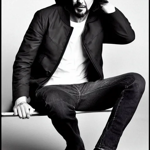 Prompt: GQ picture of Keanu Reeves sitting on a bench looking sad -35 mm - Calvin Klein Jacket ($599) Seven for all mankind jeans ($225)