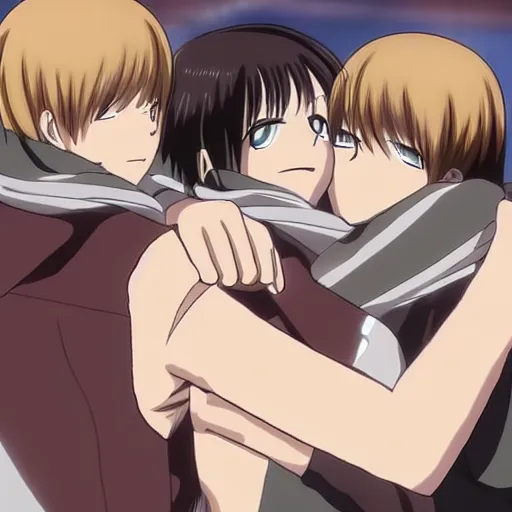 Prompt: Eren Jaeger, Armin, and Mikasa hugging