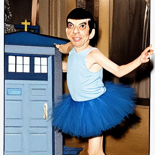 Image similar to spock in a tutu exiting the tardis