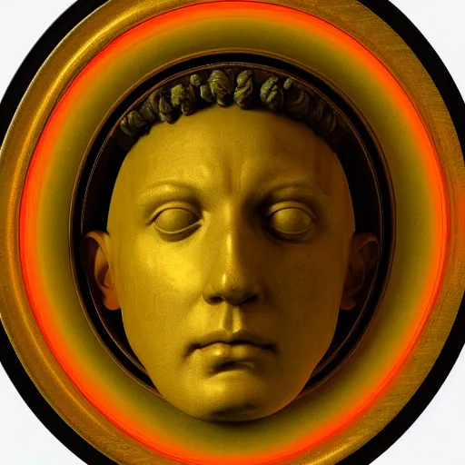 Prompt: head of a renaissance statue in a huge neon ring, 3 d render