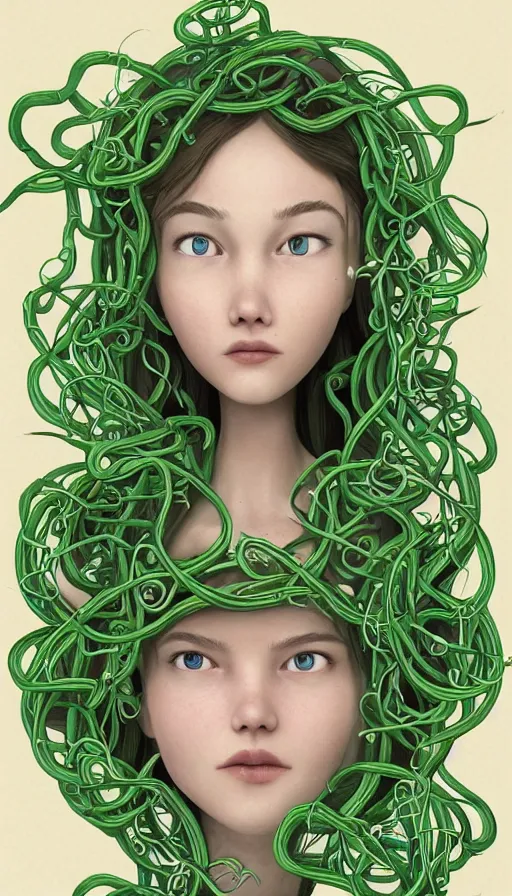 Image similar to very detailed portrait of a 2 0 years old girl surrounded by tentacles, the youg woman visage is blooming from fractal and vines, by pixar concept artists