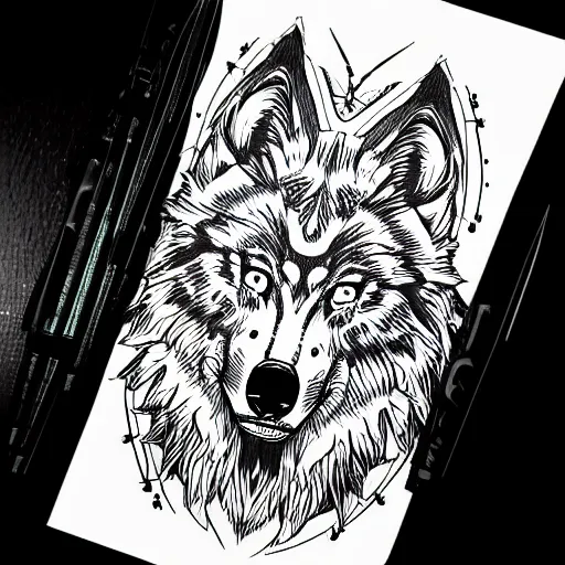 Image similar to tattoo stencil. pencil line drawing, vector, logo, wolf