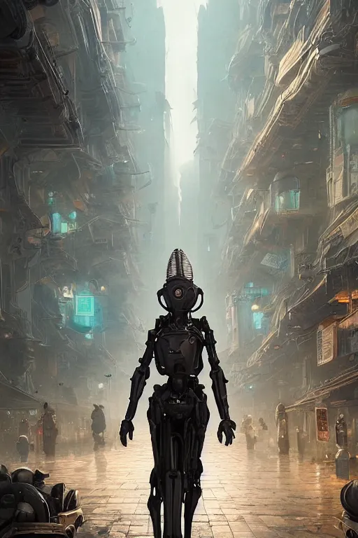 Prompt: a portrait of a robot in the middle foreground walking in the street of an elven city by Greg Rutkowski, Sung Choi, Mitchell Mohrhauser, Maciej Kuciara, Johnson Ting, Maxim Verehin, Peter Konig, final fantasy , mythical, 8k photorealistic, cinematic lighting, HD, high details, atmospheric,