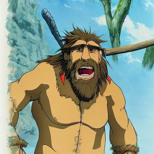 Image similar to a realistic cell - shaded studio ghibli concept art from paprika ( 2 0 0 6 ) of a giant caveman. very dull colors, wide shot, hd, 4 k, hq