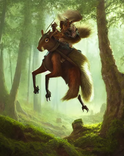 Prompt: oil painting of Anthropomorphized Squirrel warrior riding Badger, wearing green cloak, wearing war paint, sharp focus, fantasy style, octane render, volumetric lighting, 8k high definition, by greg rutkowski, highly detailed, trending on art Station, magic the gathering artwork, magical forest backround, centered