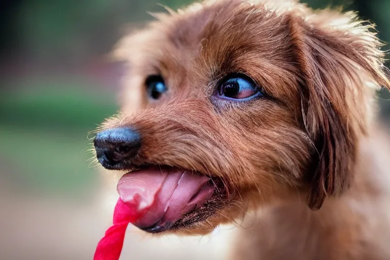 Prompt: closeup portrait of a small brown dog licking its nose with its tongue in central park, natural light, sharp, detailed face, magazine, press, photo, Steve McCurry, David Lazar, Canon, Nikon, focus