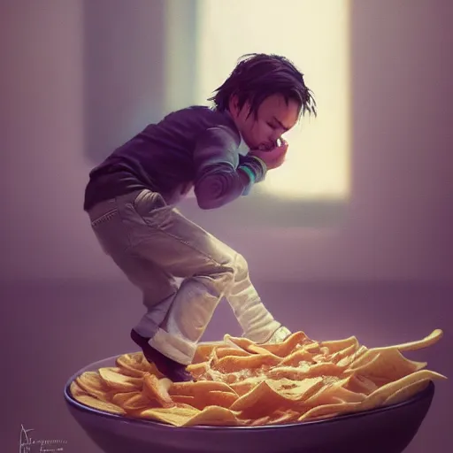 Prompt: tiny johnny depp in a bowl of chip dip, ultra high detailed, oil painting, greg rutkowski, charlie bowater, yuumei, yanjun cheng, unreal 5, daz, hyperrealistic, octane render, rpg portrait, dynamic lighting