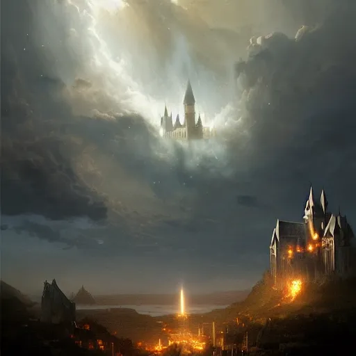 Image similar to gandalf casts a lightningbolt, dramatic light, castle background, clouds, moon, storm, night, high detail, fantasy background, painted by greg rutkowski, digital art, trending on artstation