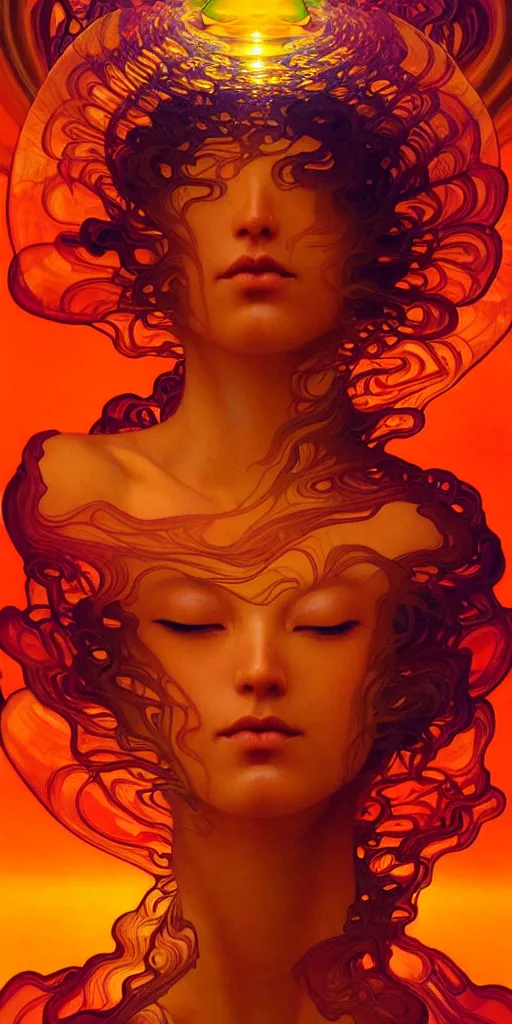 Image similar to transcendent bodhisattva mind bending psychedelic waves of glossy liquid honey flowing like kaleidoscopic translucent amber, lsd waves, honey ripples, enlightenment, dramatic professional lighting, refracted sunset lighting, highly detailed, concept art, art by collier, albert aublet, krenz cushart, artem demura, alphonse mucha