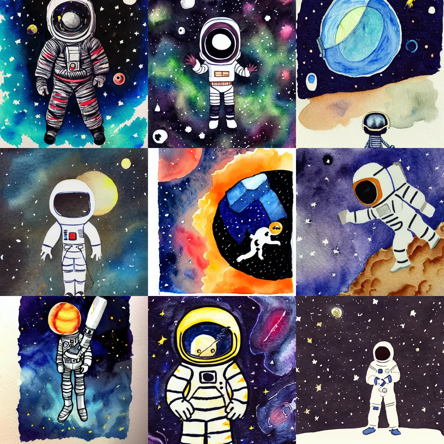 Prompt: small astronaut lost in space, watercolor drawing, endless universe, dark, apocalypse