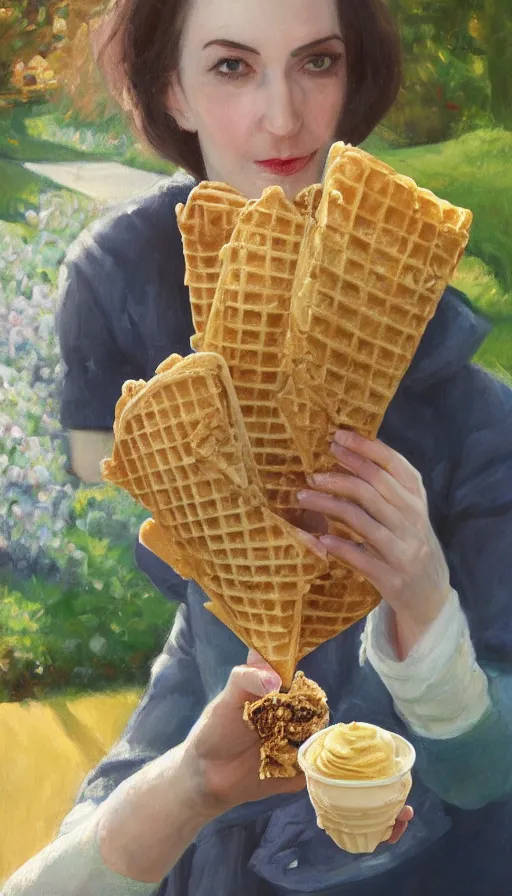 Prompt: still-life painting of hand holding a waffle cone containing gelato scoops by Krøyer, lush garden in the background, golden hour, dramatic lighting, volumetric lighting, intricate detail, canvas print